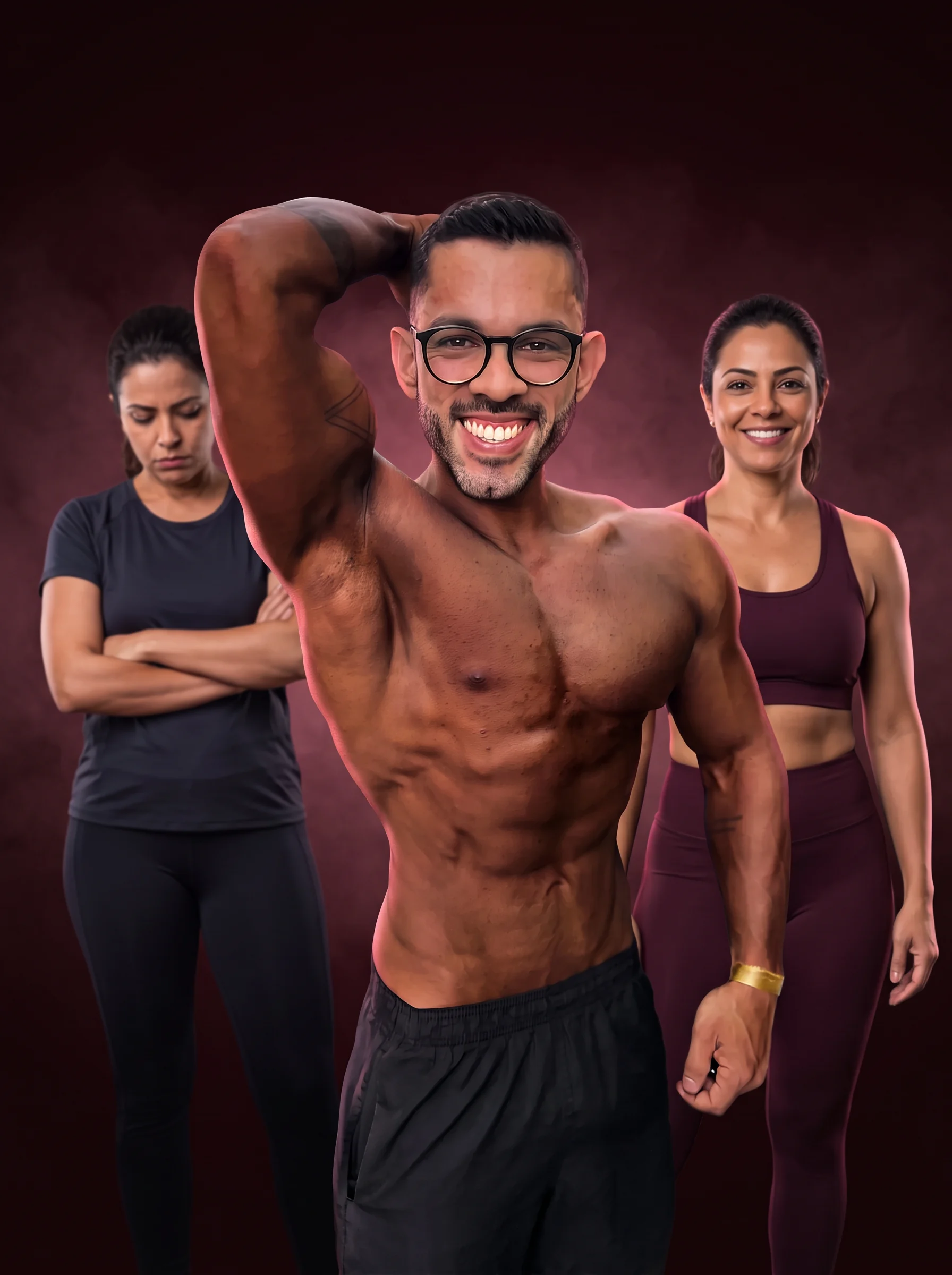 Marcos Esteves entre uma mulher adulta desanimada e outra satisfeita com seus resultados